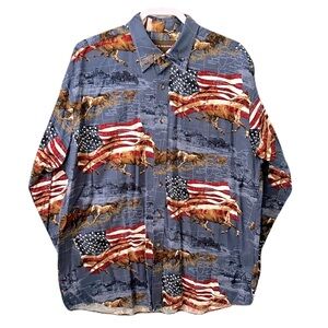 Bit & Bridle Mens Size Large Western Horse American Flag Button Up USA Shirt